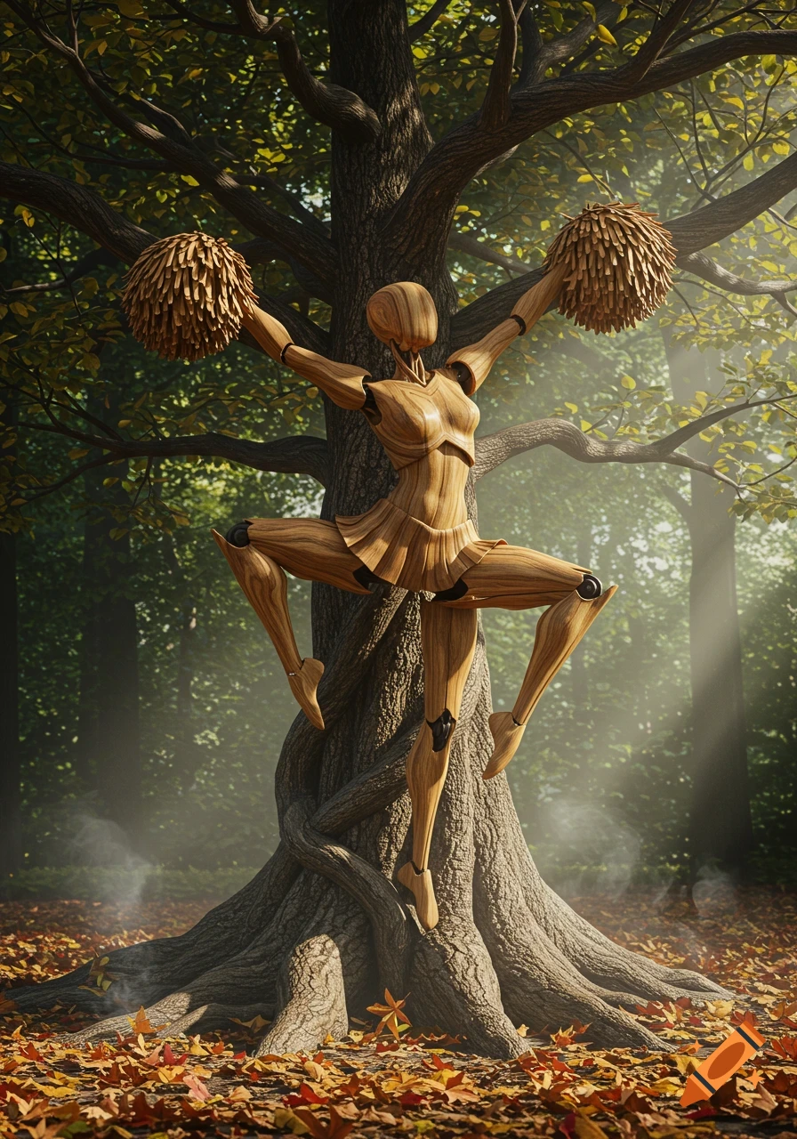A photorealistic wooden cheerleader sculpture with pom-poms emerges from a large tree in a sunlit forest filled with autumn leaves.
