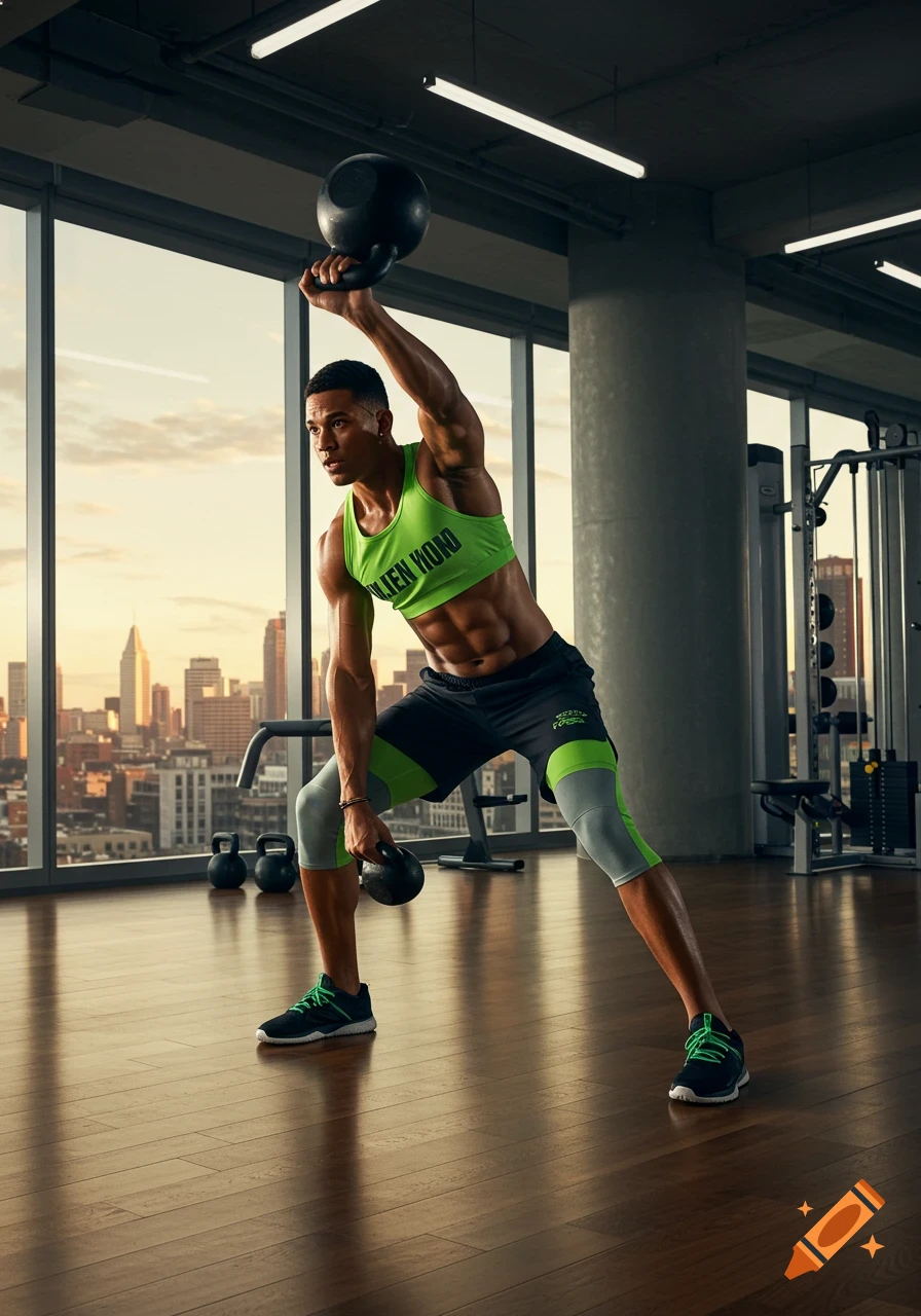 Muscular man in green workout attire doing kettlebell swings in a modern gym with a city skyline view.