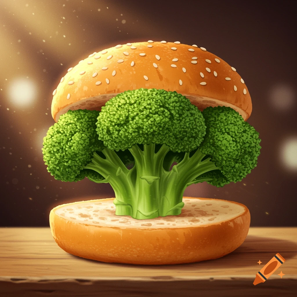 A creative burger featuring a whole broccoli head as the patty, placed between two halves of a sesame seed bun on a wooden surface, with warm background lighting.