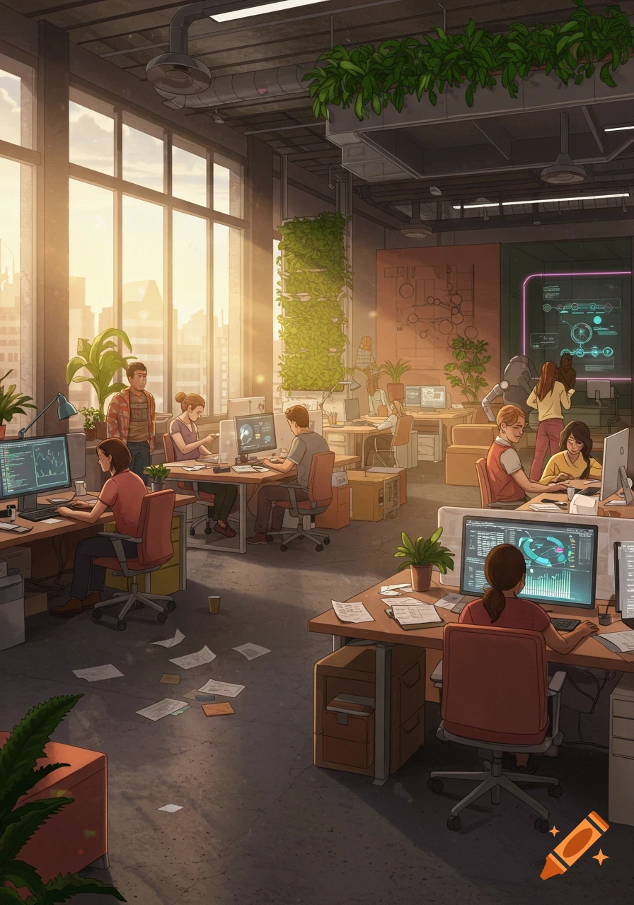A vibrant illustration of people working in a modern office with large windows and plants, bathed in warm sunlight.
