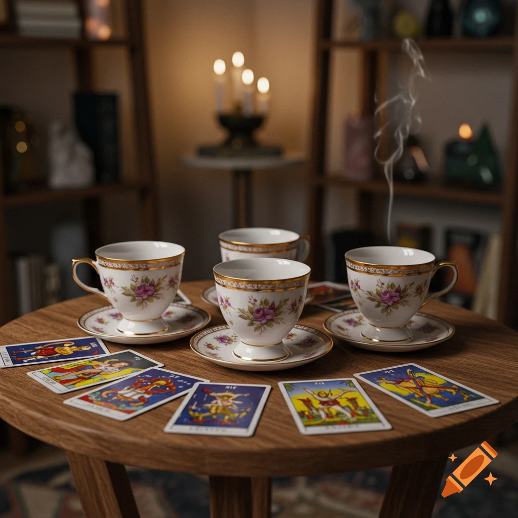 Four ornate tea cups and saucers on a wooden table surrounded by tarot cards, with flickering candlelight in the background. Photorealistic style.