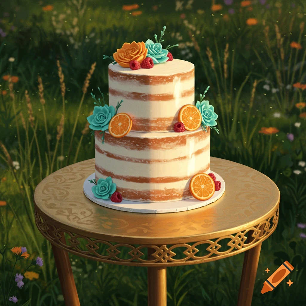 A two-tiered naked cake with orange slices, teal flowers, and raspberries on a gold table in a sunny garden.