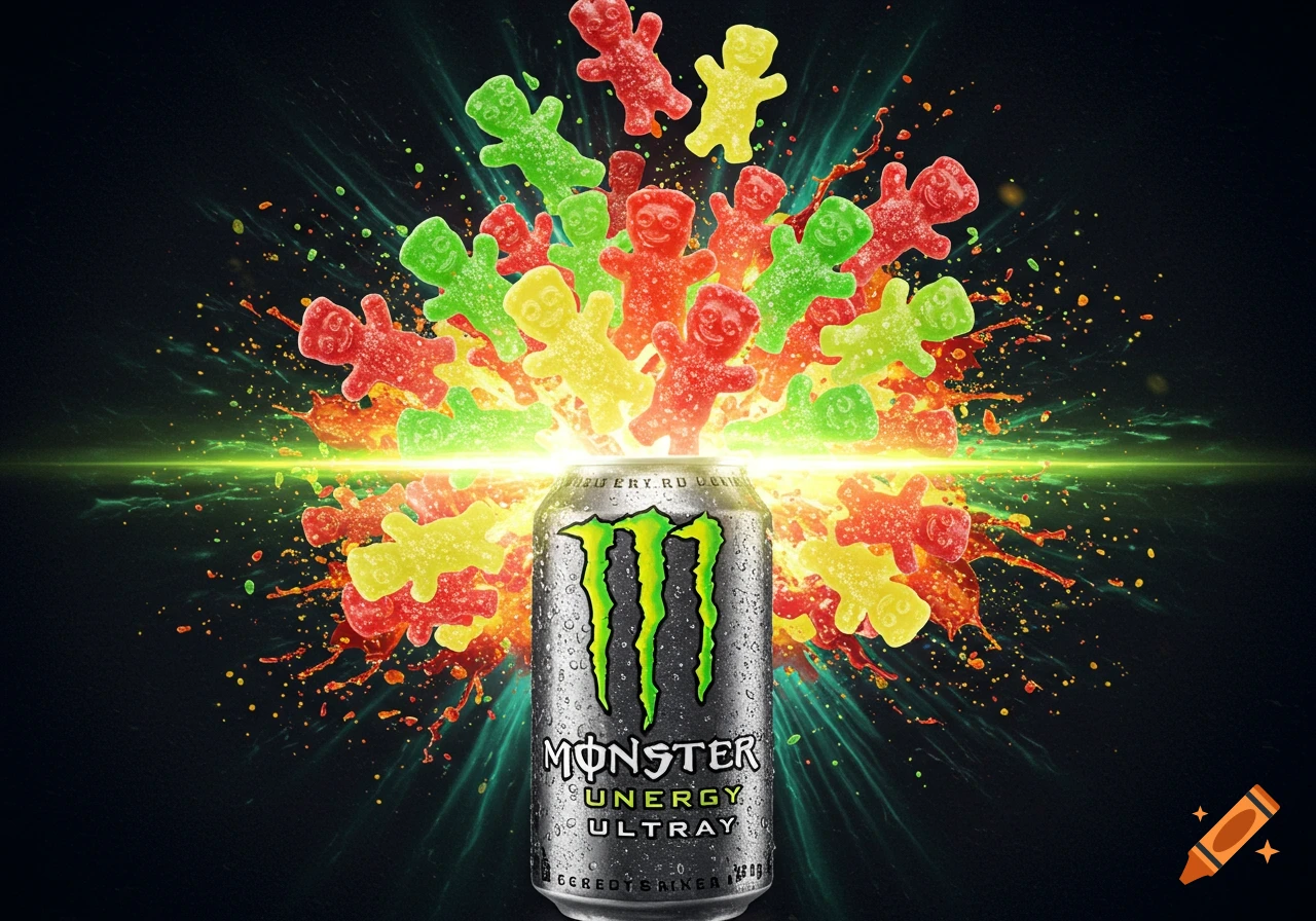 A Monster Energy can with red, green, and yellow Sour Patch Kids gummies bursting out amidst a vibrant splash and glow against a dark background.
