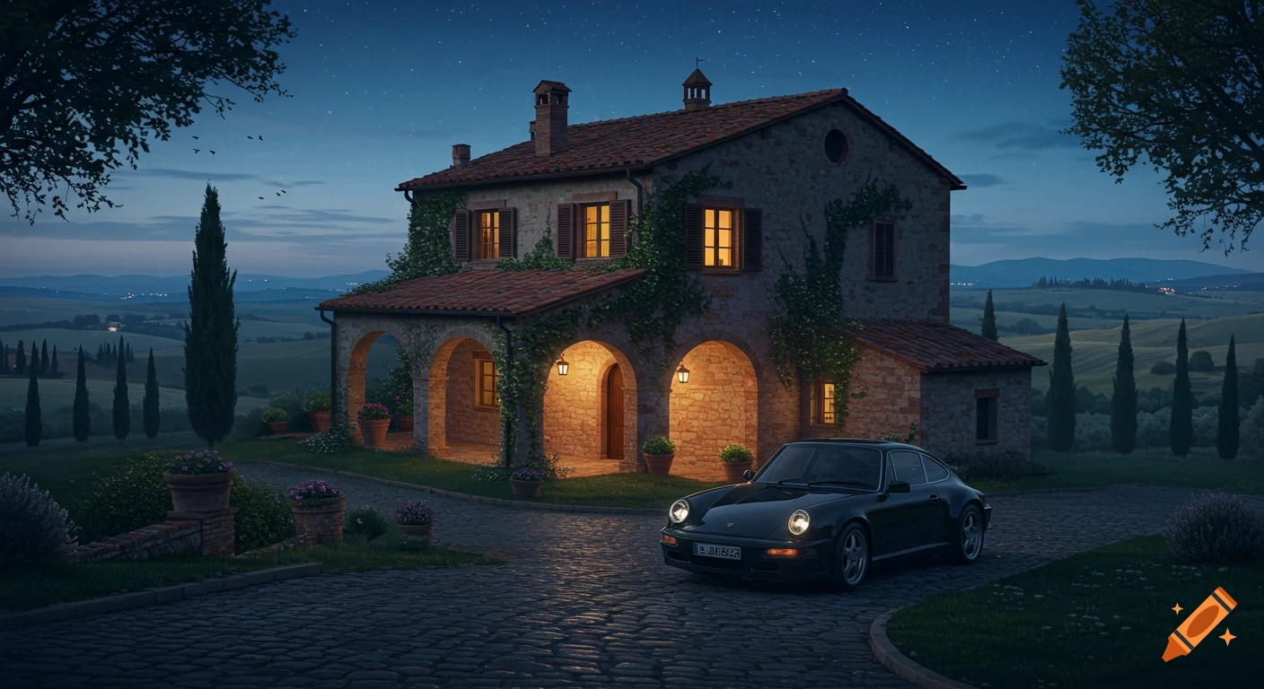 A black Porsche parked on a cobbled driveway in front of a traditional stone mansion in the Italian countryside at night, under a starry sky.
