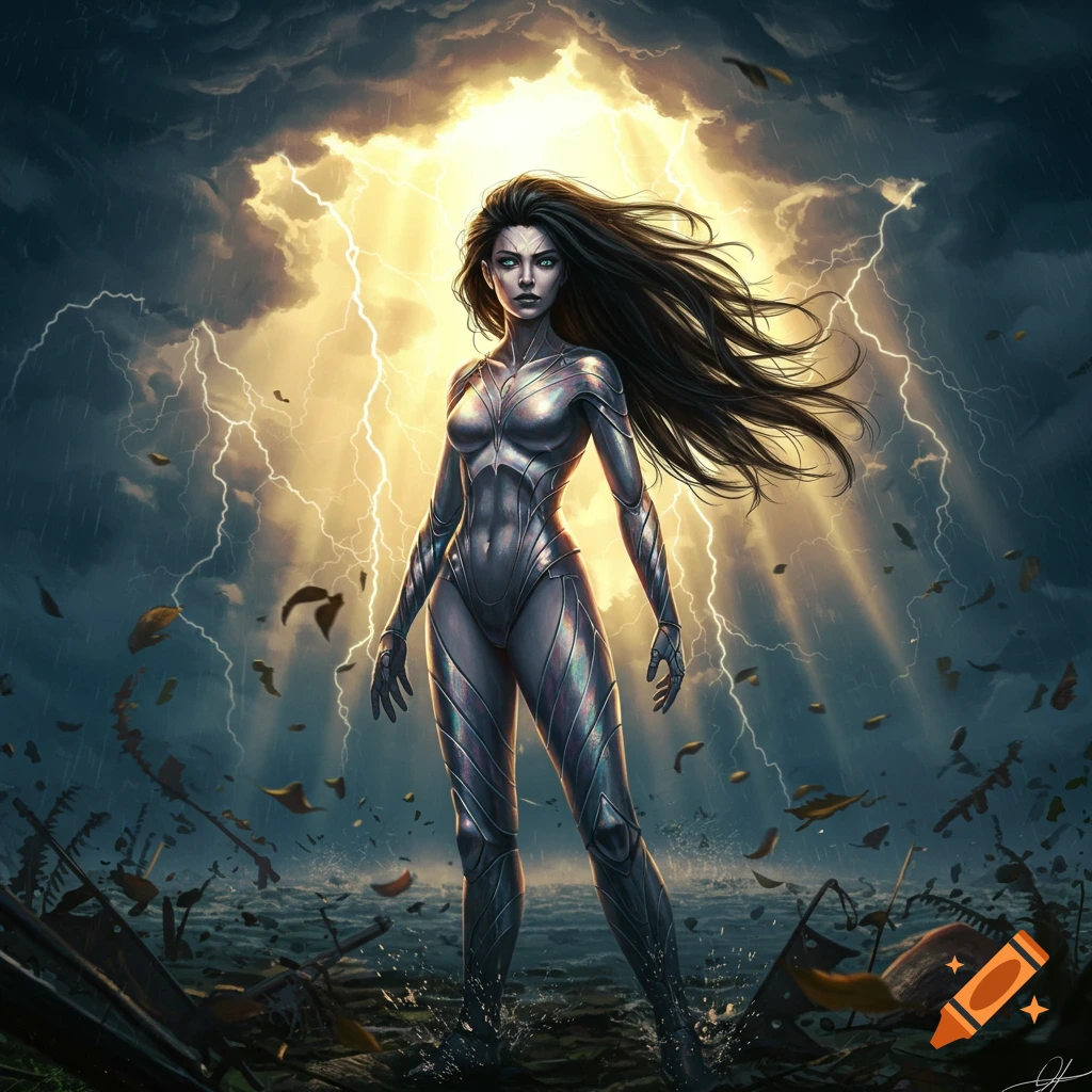 A powerful woman in a metallic suit stands amidst a storm with lightning and debris, digital art.
