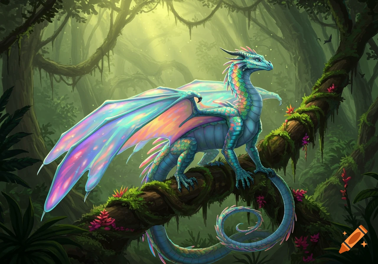 A vibrant iridescent dragon with large wings perches on a mossy tree branch in a sun-dappled jungle.
