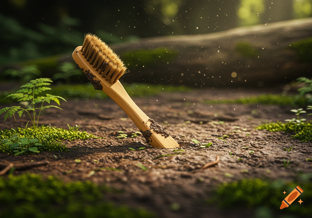 A wooden toothbrush half-buried in muddy forest ground, with lush green plants and sunlight filtering through.
