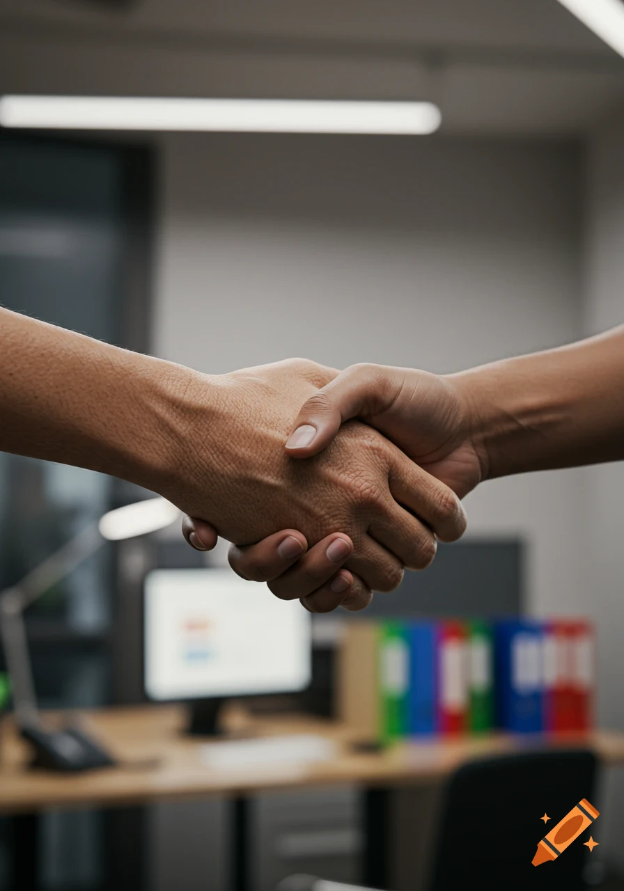 Close-up of two people shaking hands in a professional office setting.