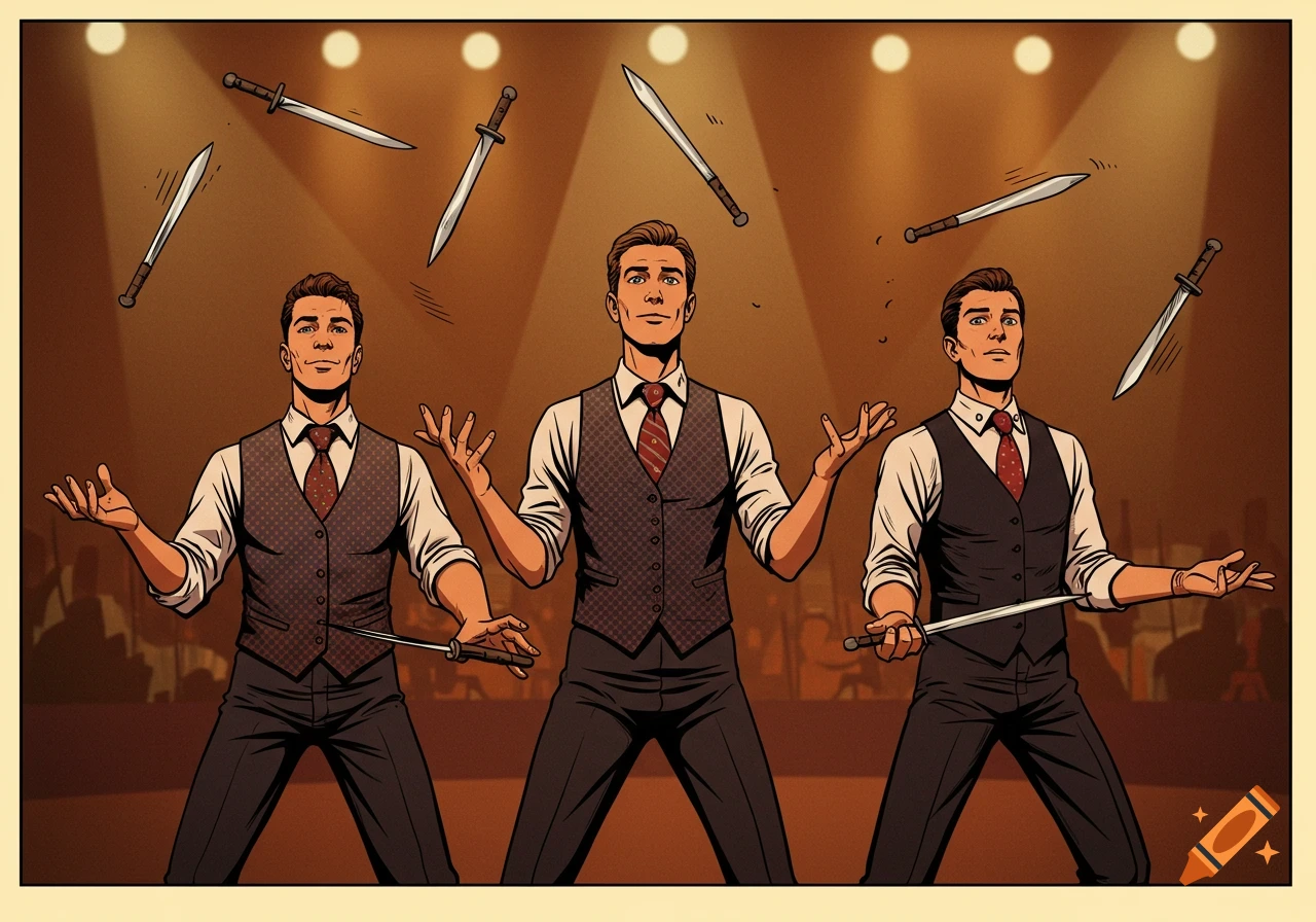 Three men in vests and ties juggle knives under spotlights, depicted in a 1970s comic book art style.