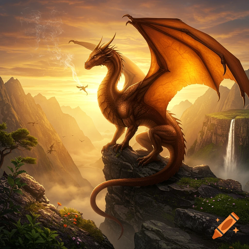 A majestic golden-brown dragon perches on a rocky cliff overlooking a vast mountain valley with a waterfall at sunset.
