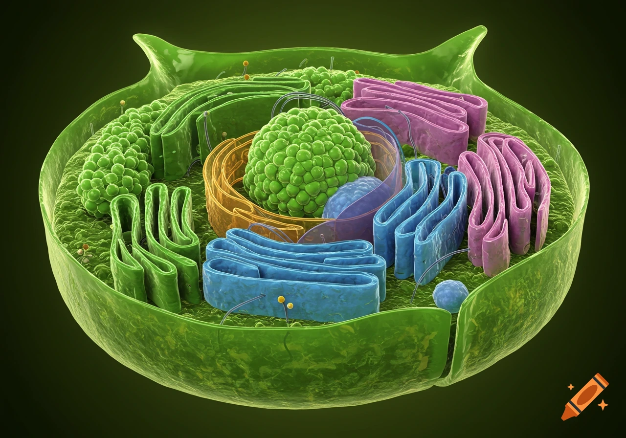 A vibrant 3D illustration of a plant cell's internal structure, displaying organelles like the nucleus, chloroplasts, and ER.