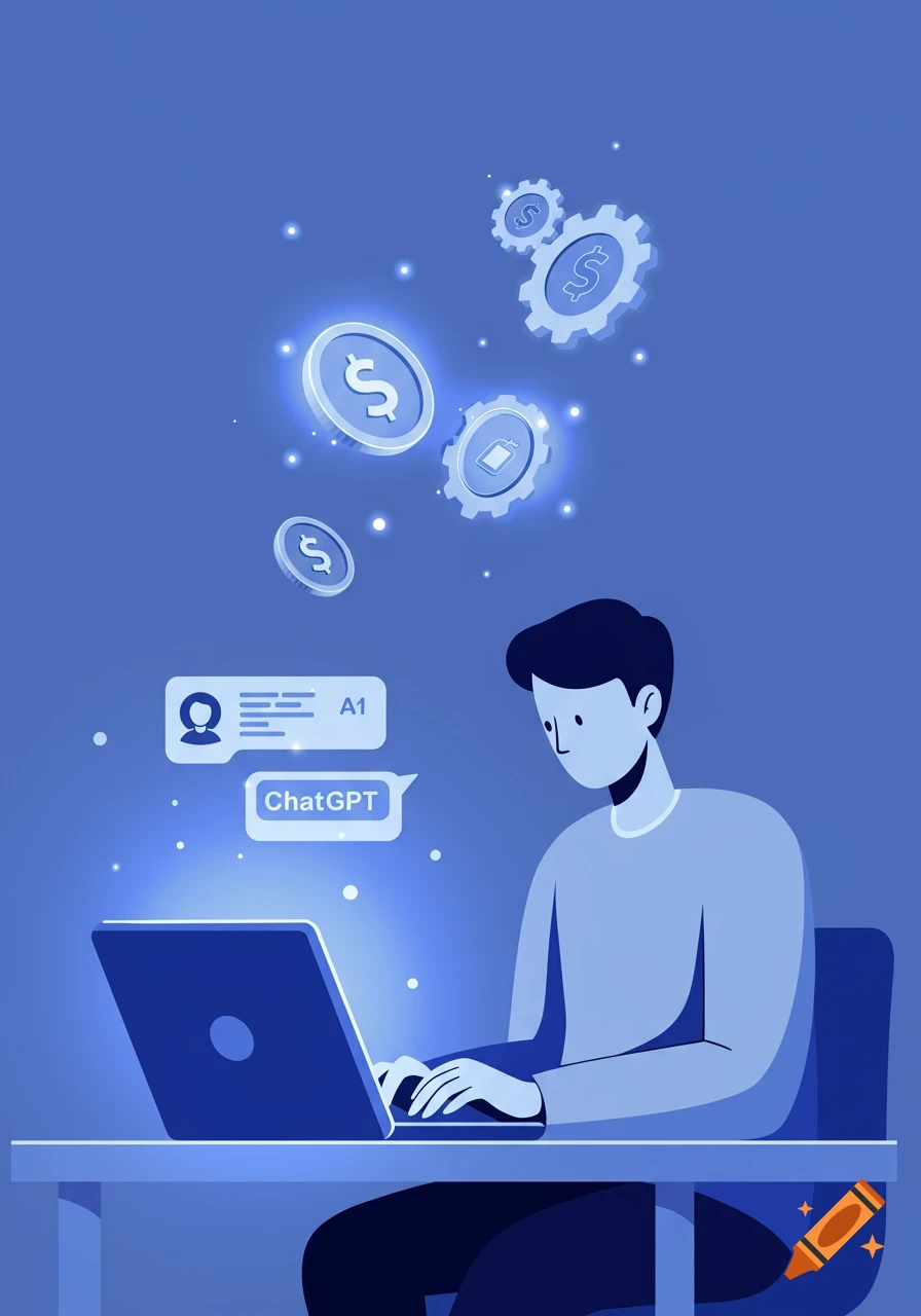 Minimal flat illustration of a person on a laptop with money, gears, and 'ChatGPT' text floating above, in blue tones.