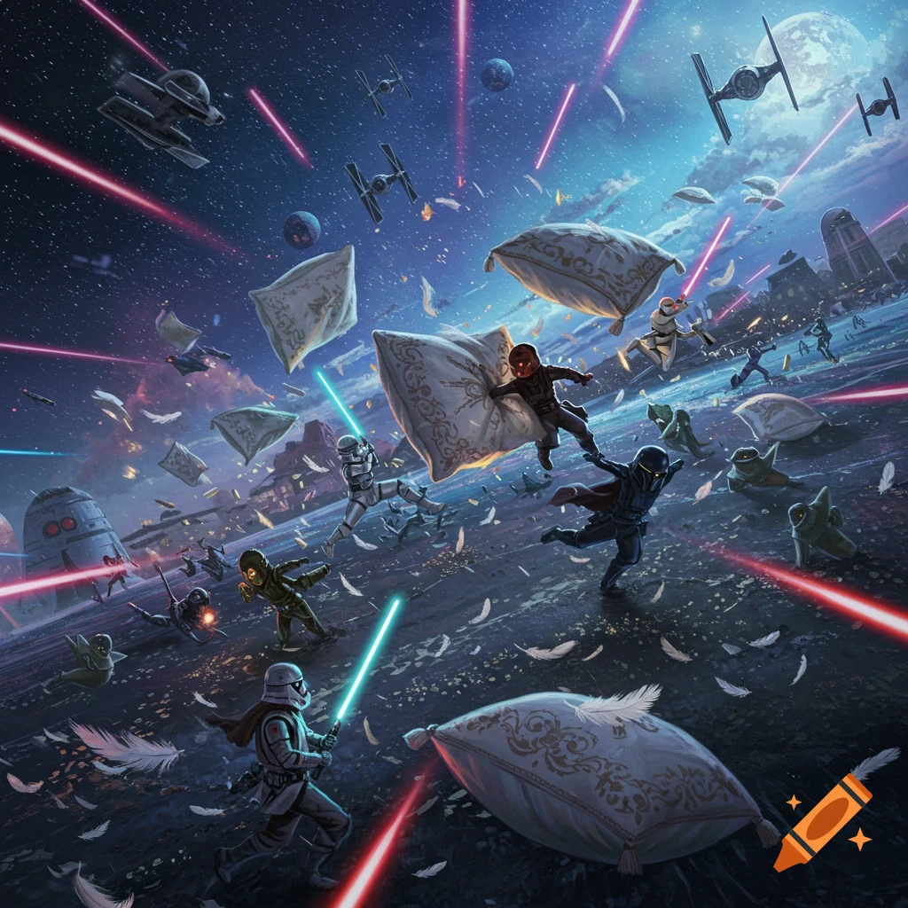 An epic Star Wars-themed pillow fight illustration featuring Stormtroopers and Mandolorians battling with pillows and laser beams amidst flying feathers in a fantastical space setting.
