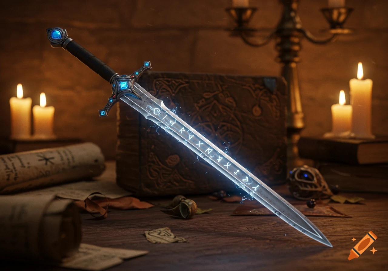 A glowing fantasy longsword with blue gems and runes on its blade, resting on a wooden table among candles, scrolls, and an old book.