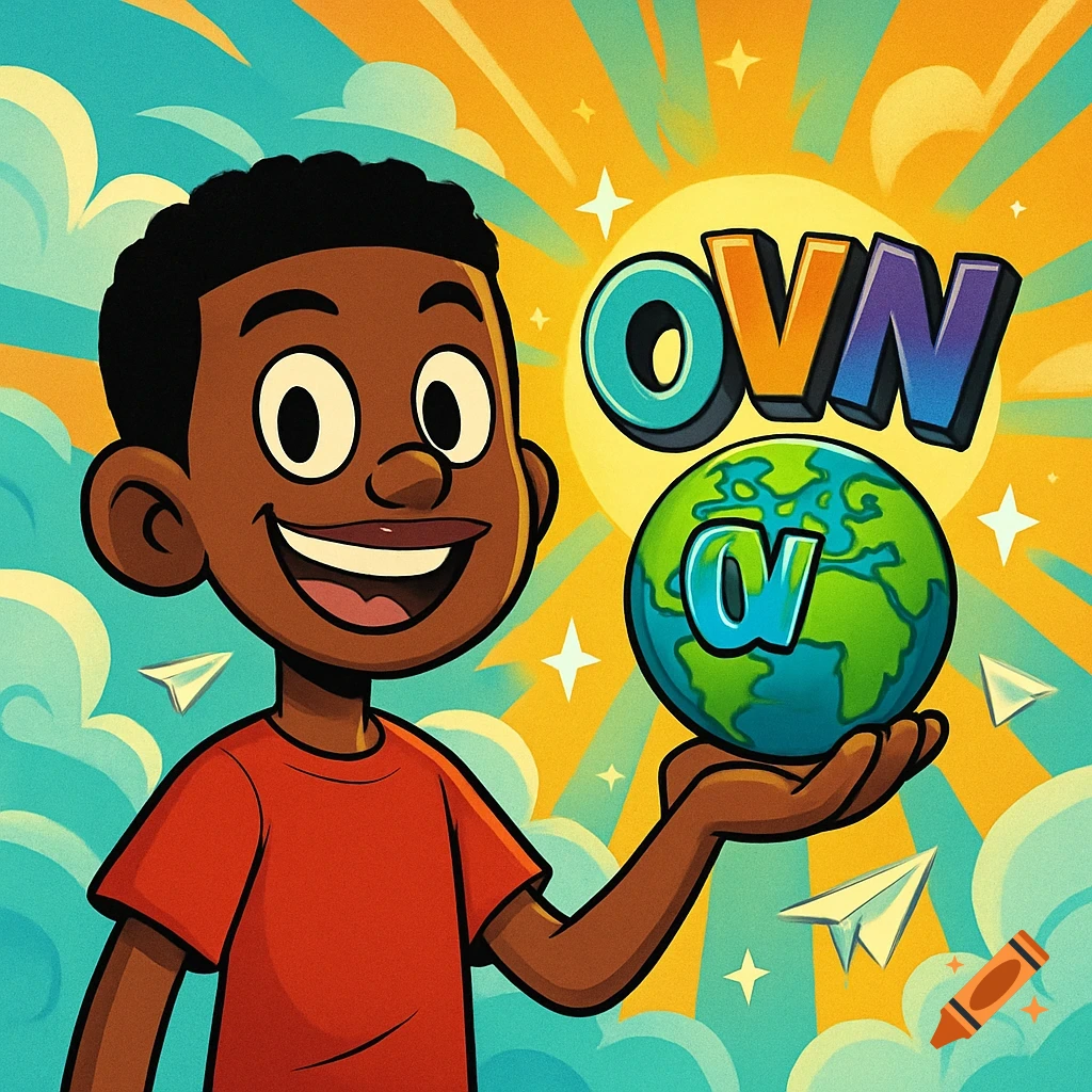A smiling cartoon boy in a red shirt holds a globe with the letter 'O' on it, and the letters 'OVN' float above it.