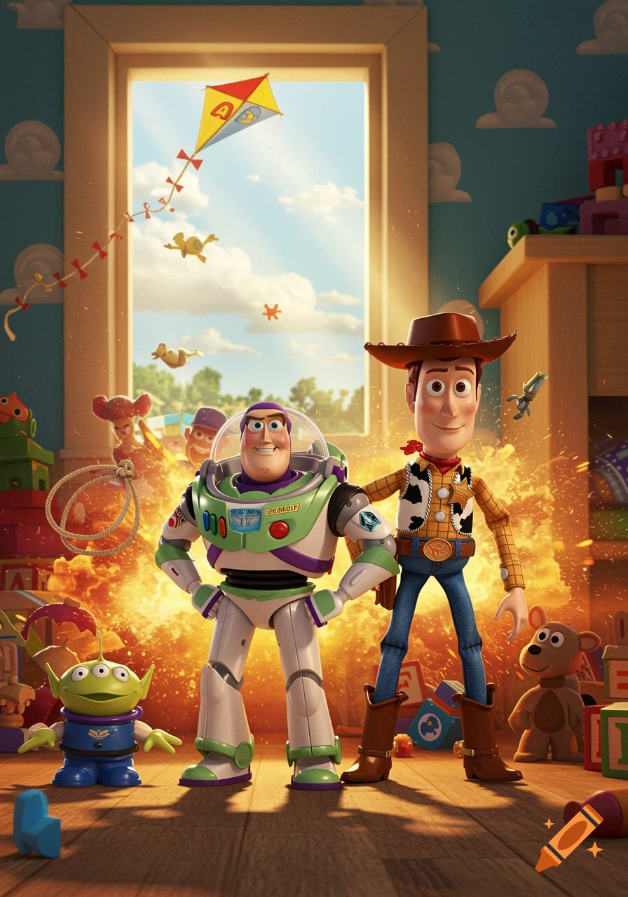 Woody, Buzz Lightyear, and an Alien from Toy Story standing in a child's room with an explosion behind them, in a realistic 3D animated style.