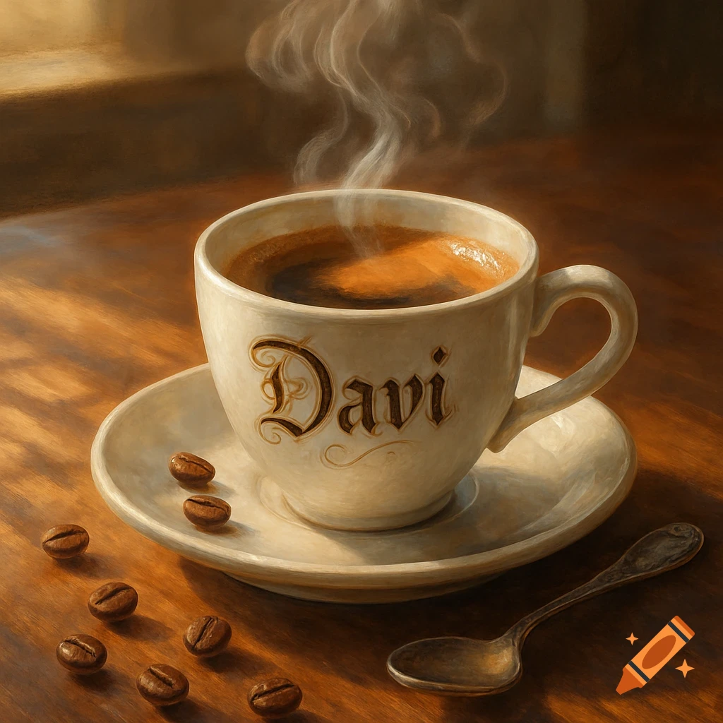 A steaming cup of coffee with the name 'Davi' on it, surrounded by coffee beans and a spoon on a wooden table, in a painted style.