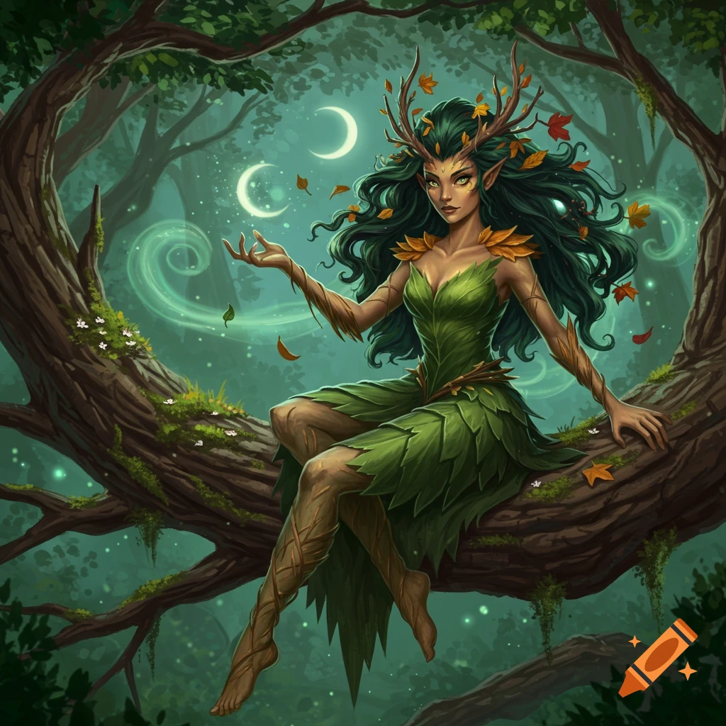 A female nature spirit with antlers and green hair, wearing a leaf dress, sits on a tree branch in a magical forest at night.