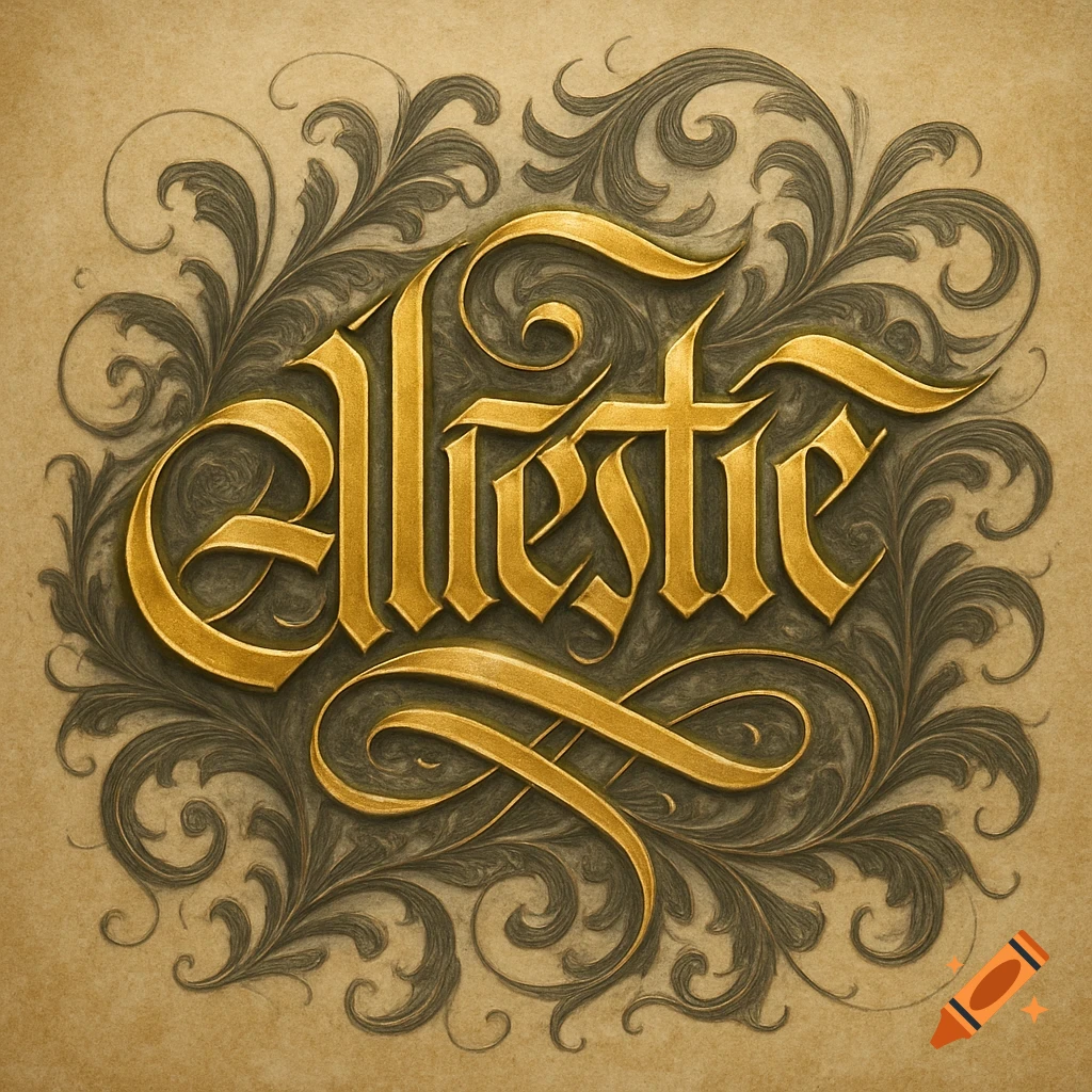 Golden gothic calligraphy of the word Celestic surrounded by dark ornate filigree on a parchment-like background.