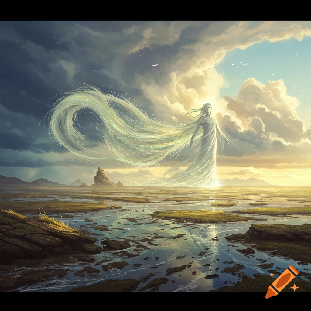 A luminous, ethereal figure with flowing, watery hair stands in a vast wetland under a dramatic, sunlit sky, digital fantasy painting.