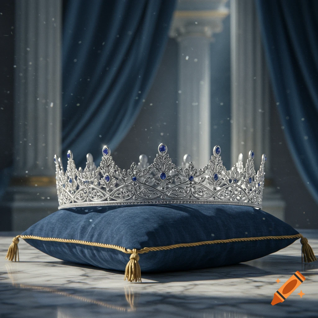 A gleaming silver crown with blue jewels sits on a blue velvet pillow in a regal room.