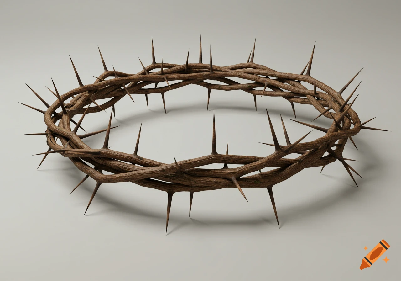 A realistic crown of thorns made of brown intertwined branches and sharp spikes, resting on a light gray surface.