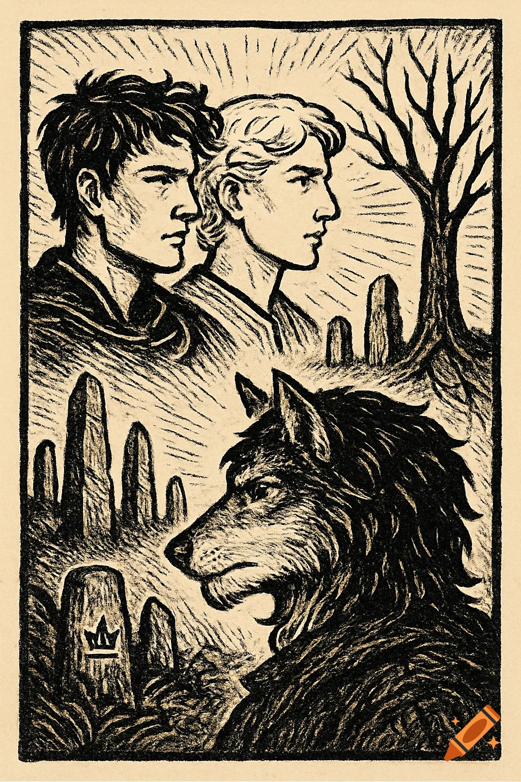 Woodblock print illustration featuring two male profiles, a wolf's profile, standing stones, and a bare tree.