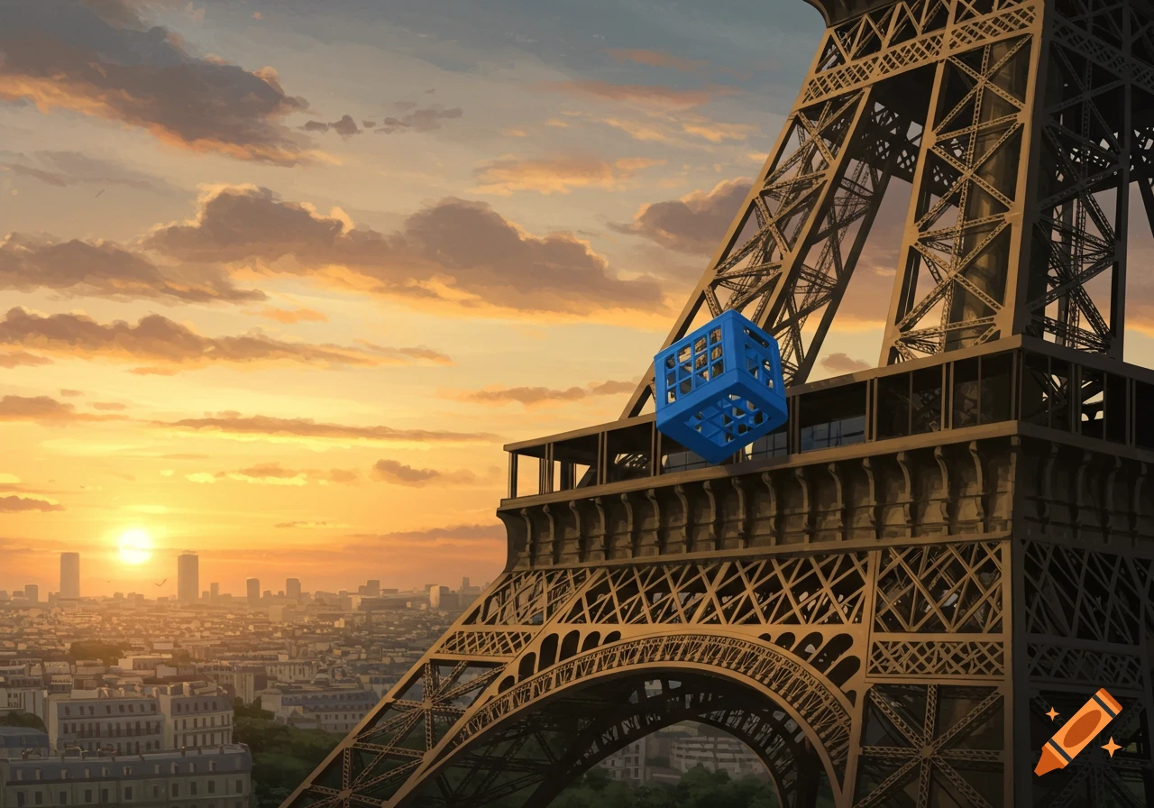 A blue milk crate floats next to the Eiffel Tower at sunset, with a city skyline in the background.