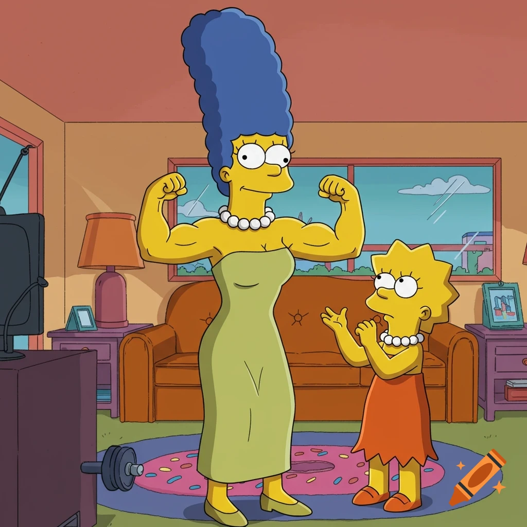 Marge Simpson flexes her muscular arms for Lisa in their living room, cartoon style.