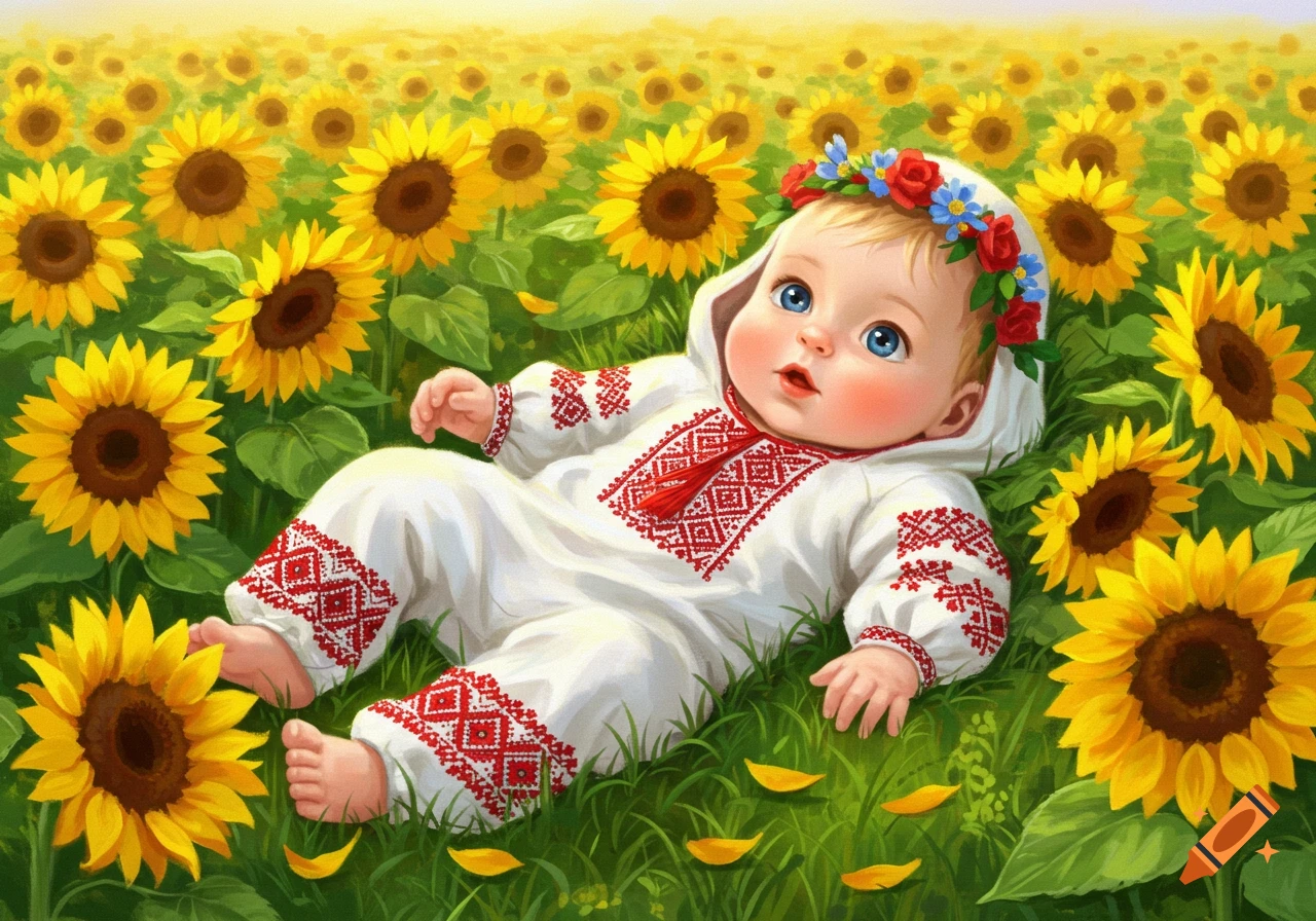 A baby in Ukrainian embroidered clothing and a floral wreath lies in a field of bright yellow sunflowers.