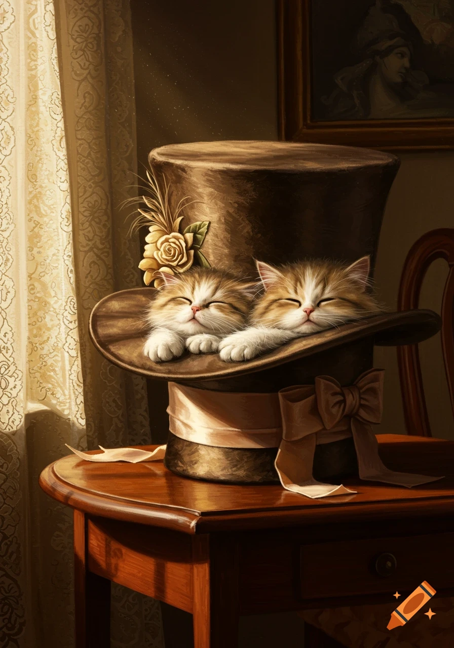 Two fluffy kittens sleeping peacefully inside a brown top hat on a wooden table, in a cozy, warmly lit room.