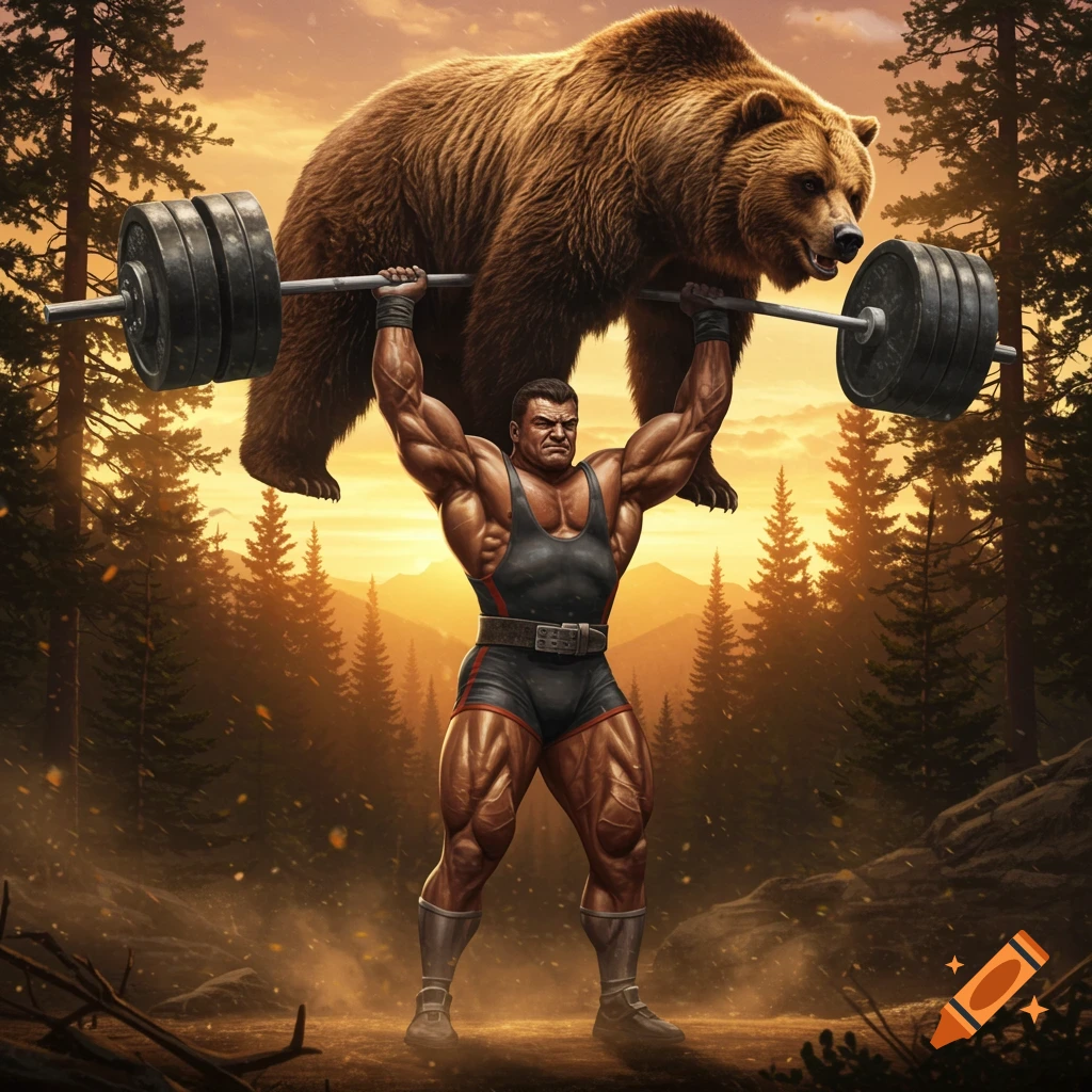 A muscular weightlifter lifts a large grizzly bear on a barbell over his head in a forest at sunset.