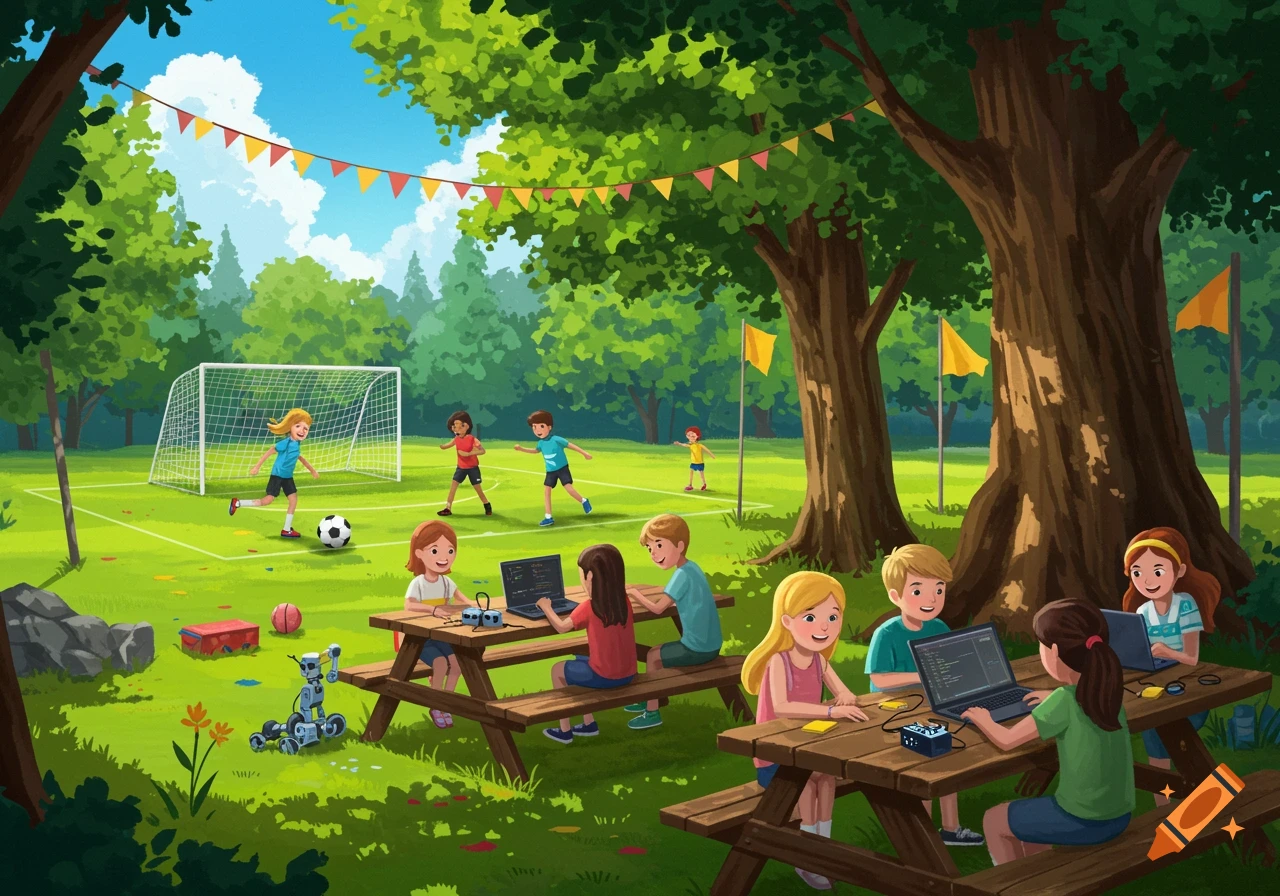 An outdoor illustration of children at a summer camp, with some playing soccer on a field and others learning coding on laptops at picnic tables under trees.