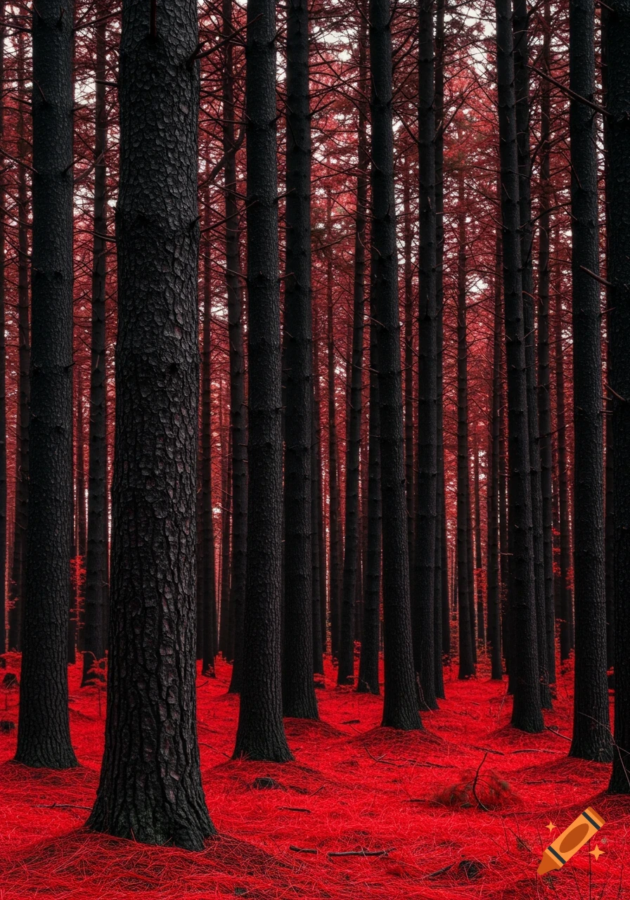 A dark forest with tall, black tree trunks and a vibrant red ground covered in needles.