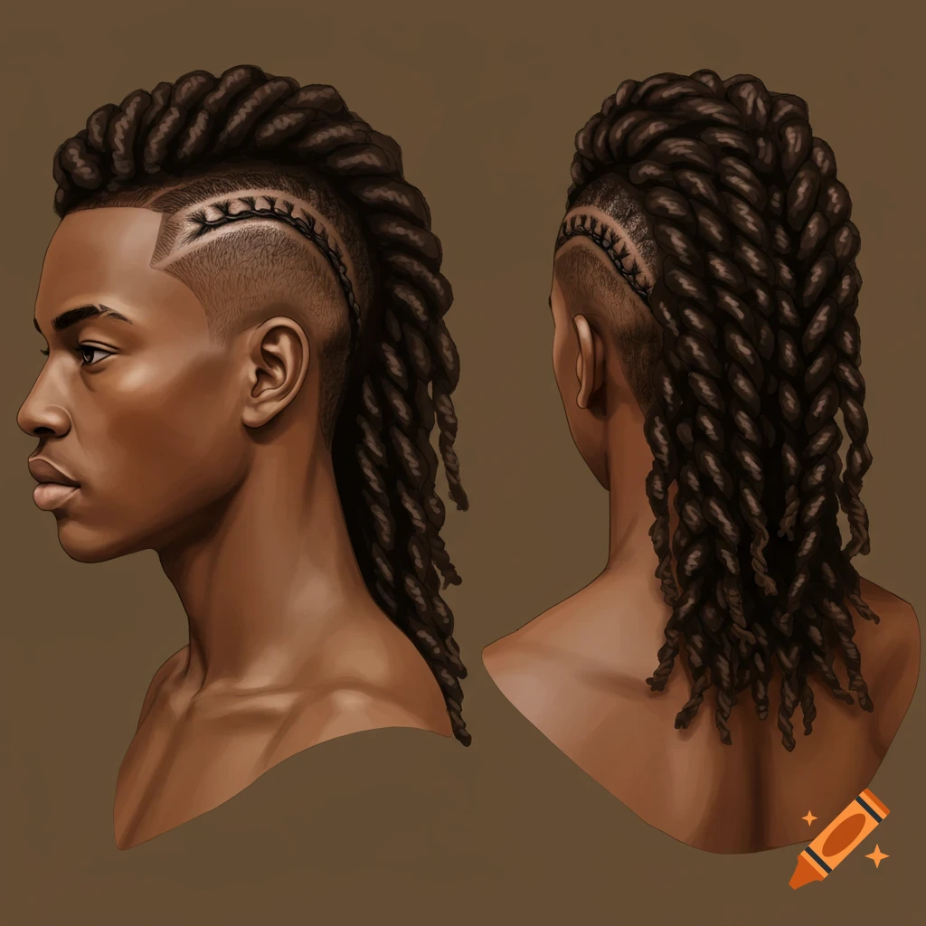 Realistic illustration of an African American male's head, showing a profile view with a medium twist mohawk and curved cornrows, and a back view of the hairstyle.
