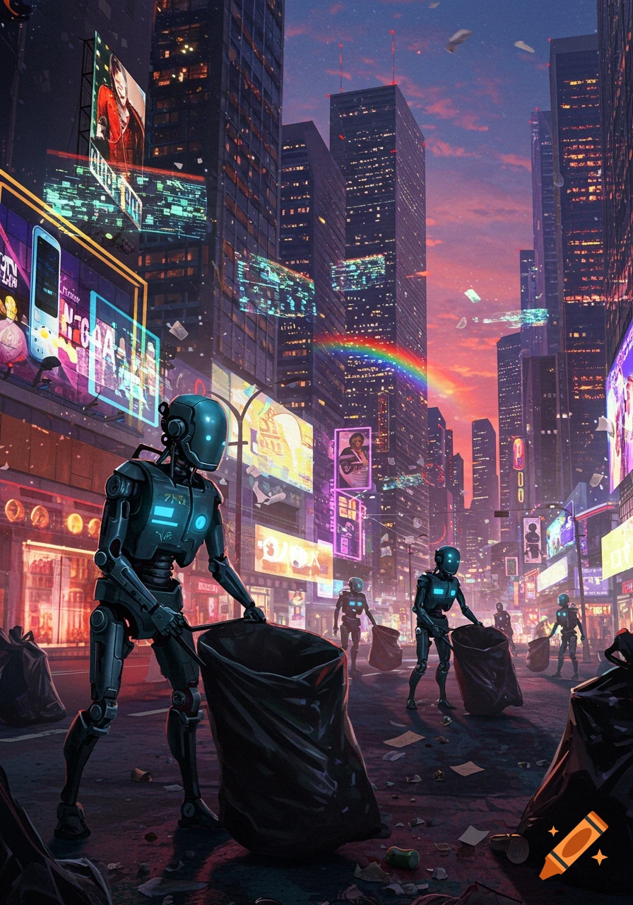 Robots collect trash on a street in a vibrant, futuristic city with neon signs, towering skyscrapers, and a rainbow at sunset. Digital art style.
