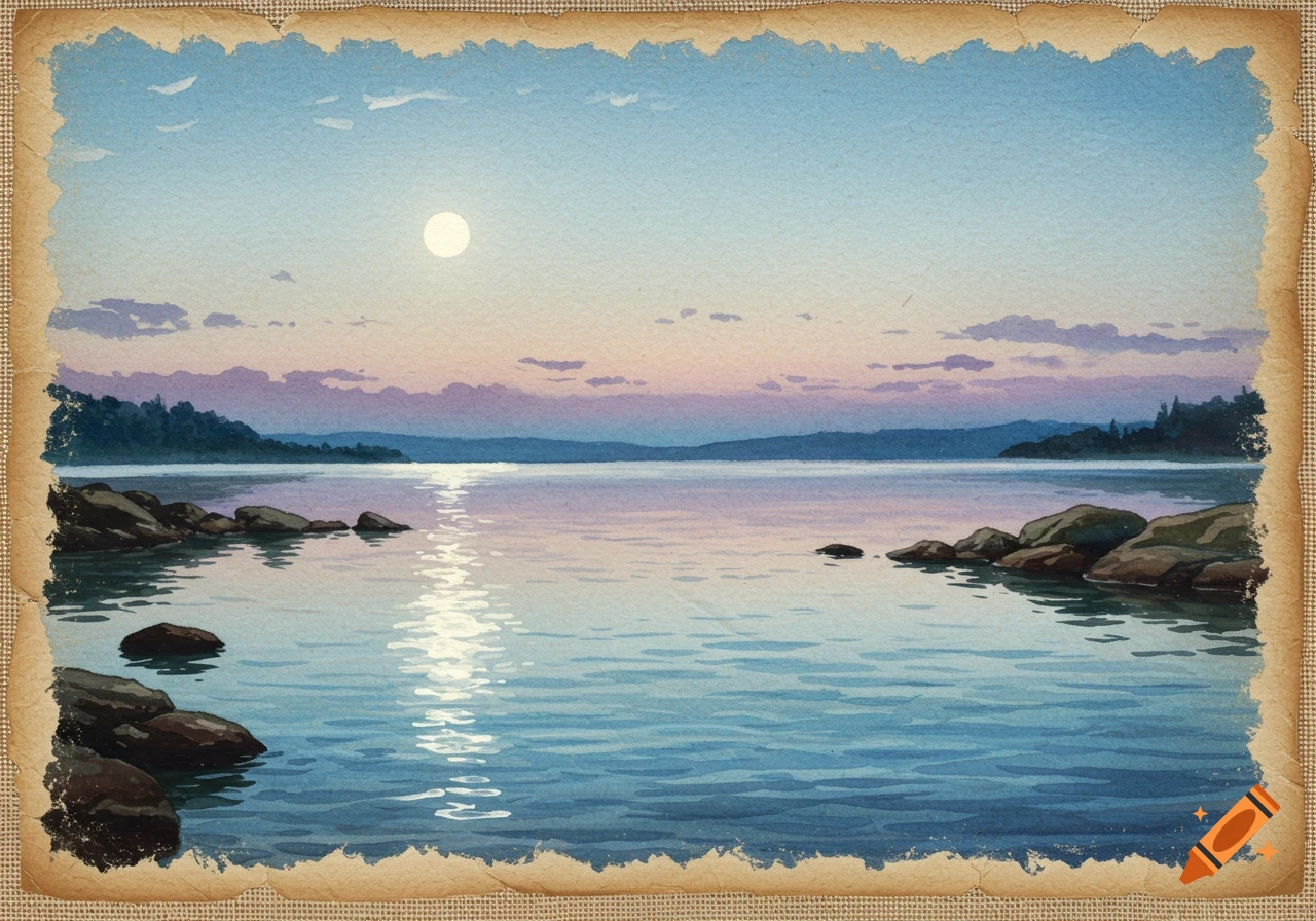 Watercolor painting of a lake at dusk under a full moon, with distant hills and rocks on a textured, torn paper background.