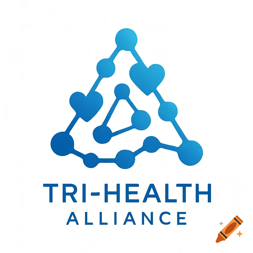 A blue and white abstract logo for Tri-Health Alliance, featuring a triangle shape made of connected molecules and hearts.