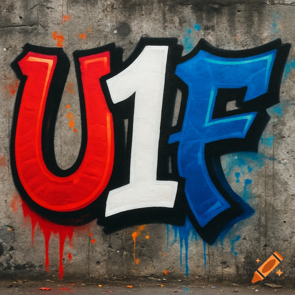 Graffiti of the letters 'U1F' on a concrete wall, with 'U' in red, '1' in white, and 'F' in blue.