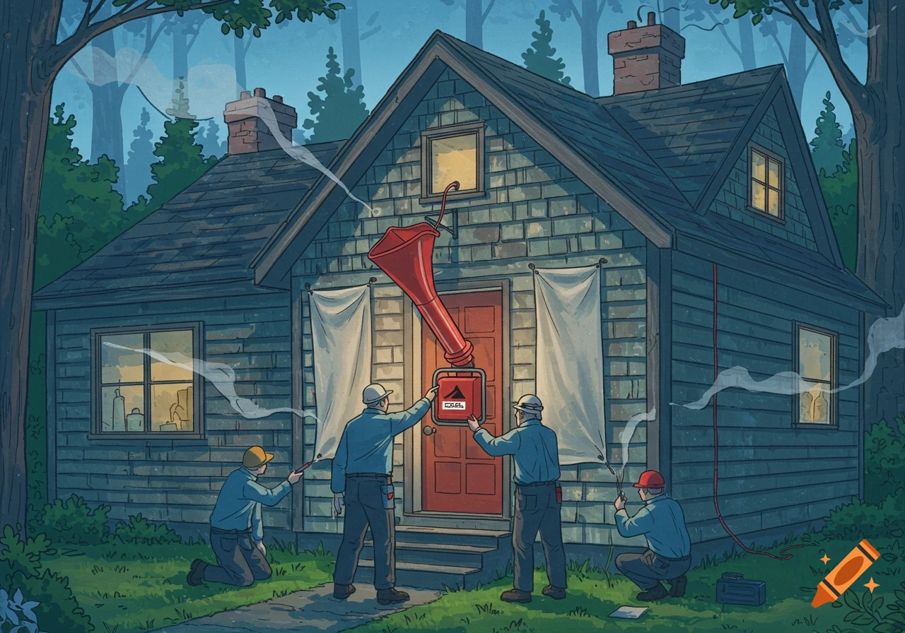 Workers perform a blower door test on a blue house at dusk in an illustrative style.