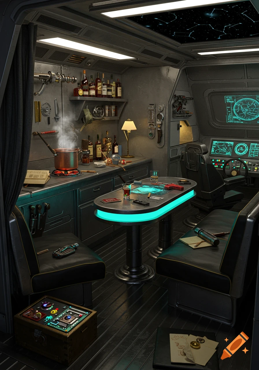 A futuristic spaceship interior with a glowing table, bar, kitchen, and cockpit controls. Photorealistic style.