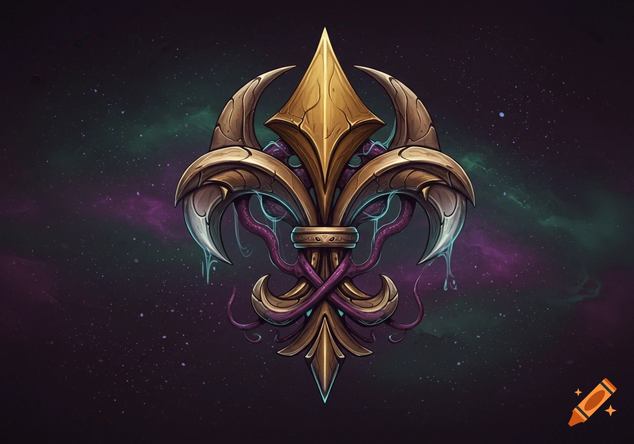 A gold and purple fleur-de-lis emblem with organic Zerg-like claws and tentacles, set against a starry cosmic background.