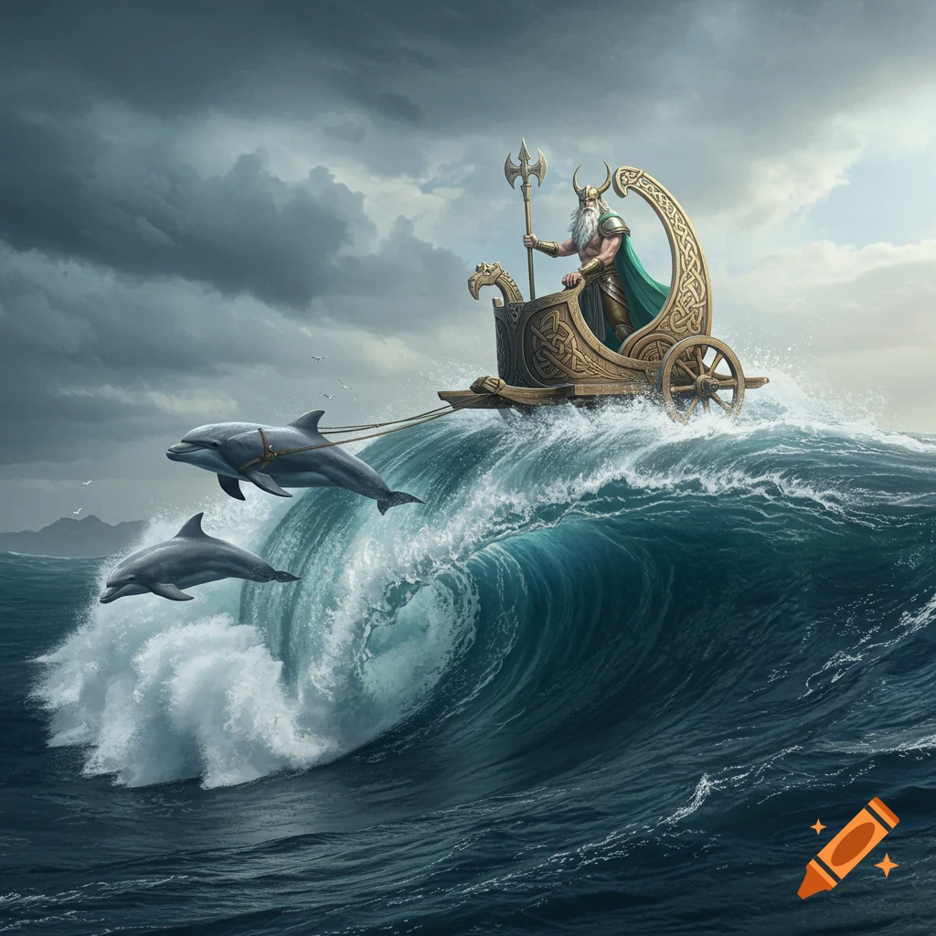 Njord the Norse god of the sea rides a chariot pulled by dolphins on a large ocean wave under stormy skies.