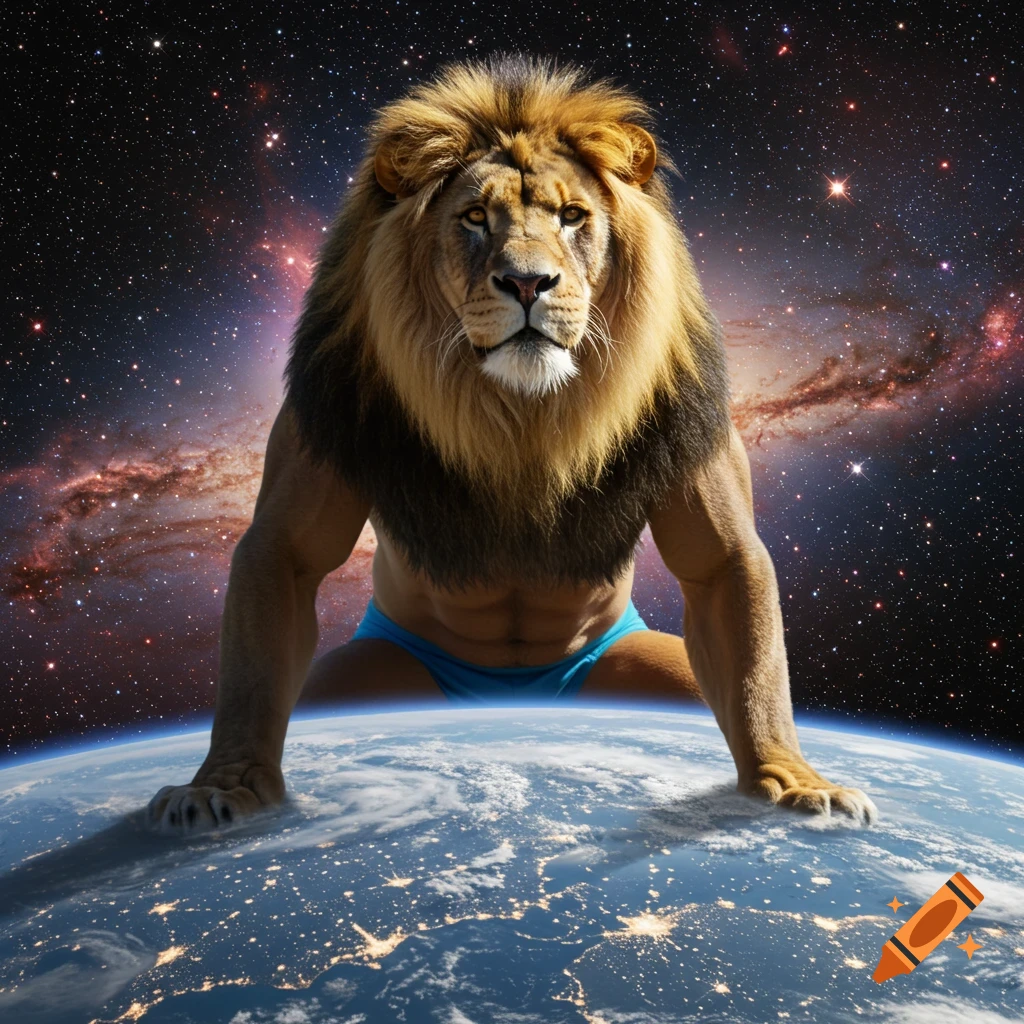 A gigantic, muscular, anthropomorphic lion in a blue speedo stands on Earth against a starry galaxy.