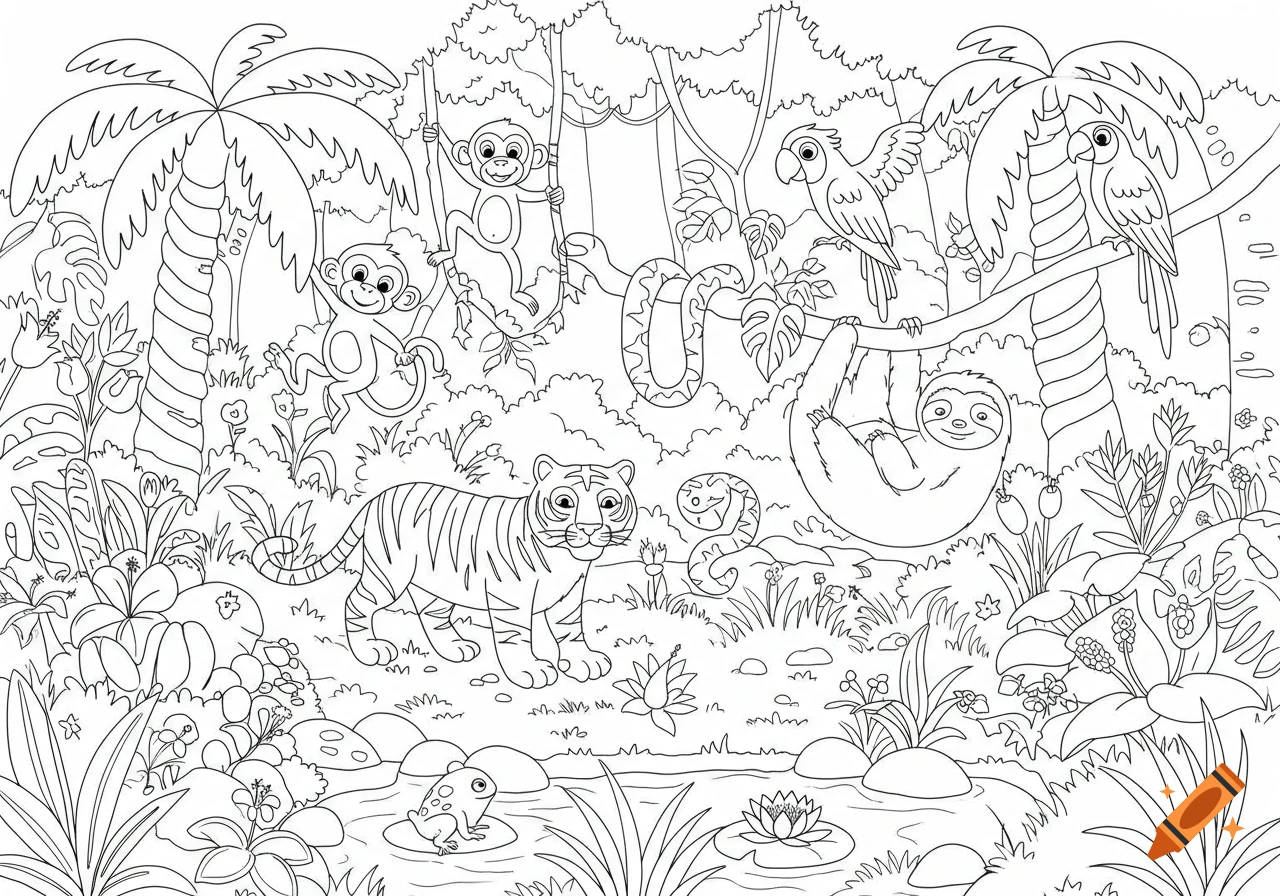 Black and white coloring page of rainforest animals including monkeys, a tiger, sloth, parrot, snake, and frog in a jungle scene.