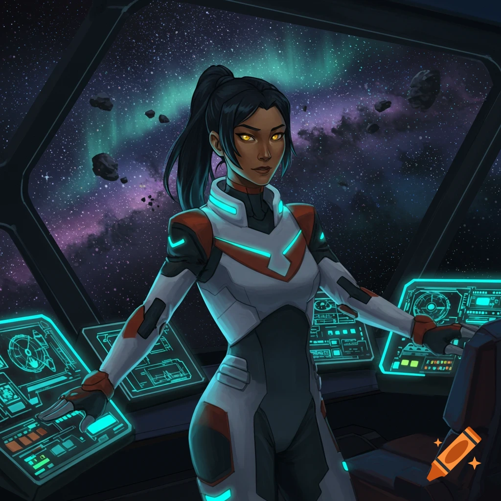 An anime-style woman in a white and orange spacesuit stands in a spaceship cockpit with glowing blue controls, looking at a nebula and asteroids.