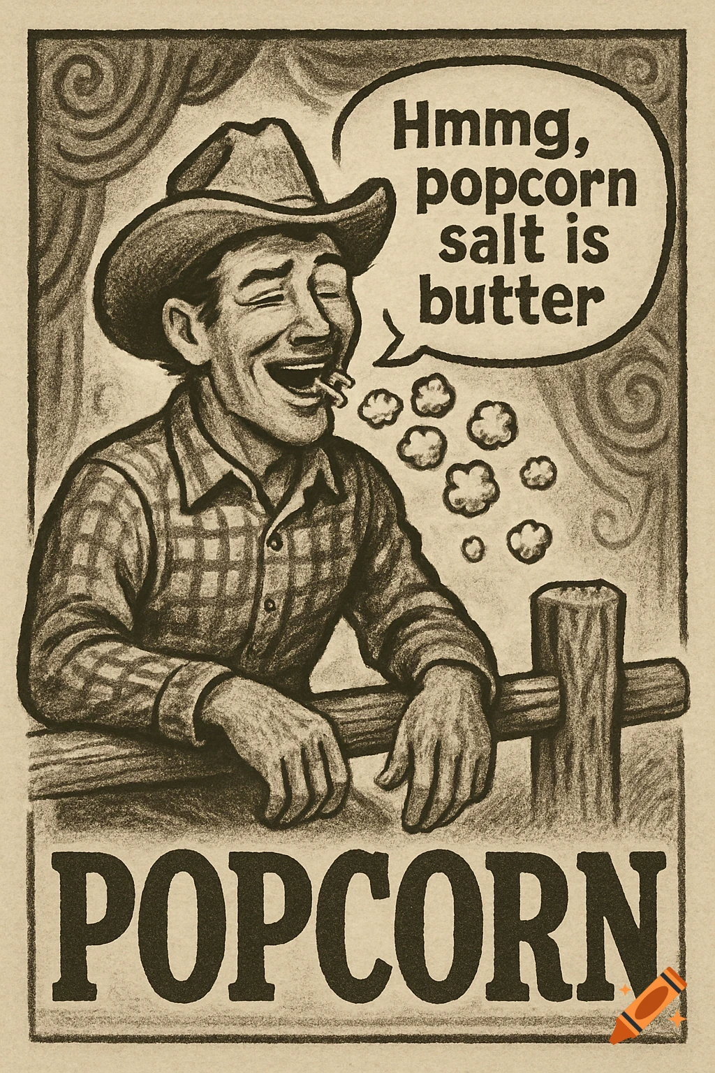 Vintage illustration of a smiling cowboy in a hat, with a speech bubble 'Hmmg, popcorn salt is butter' and 'POPCORN' below.