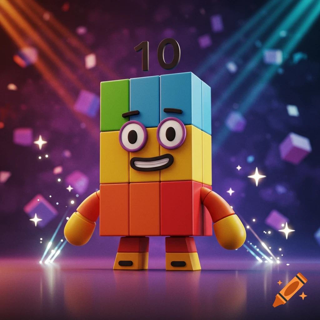 A colorful, blocky character with eyes and a smile, resembling a Numberblock, stands under dramatic lighting. The number 10 floats above its head.