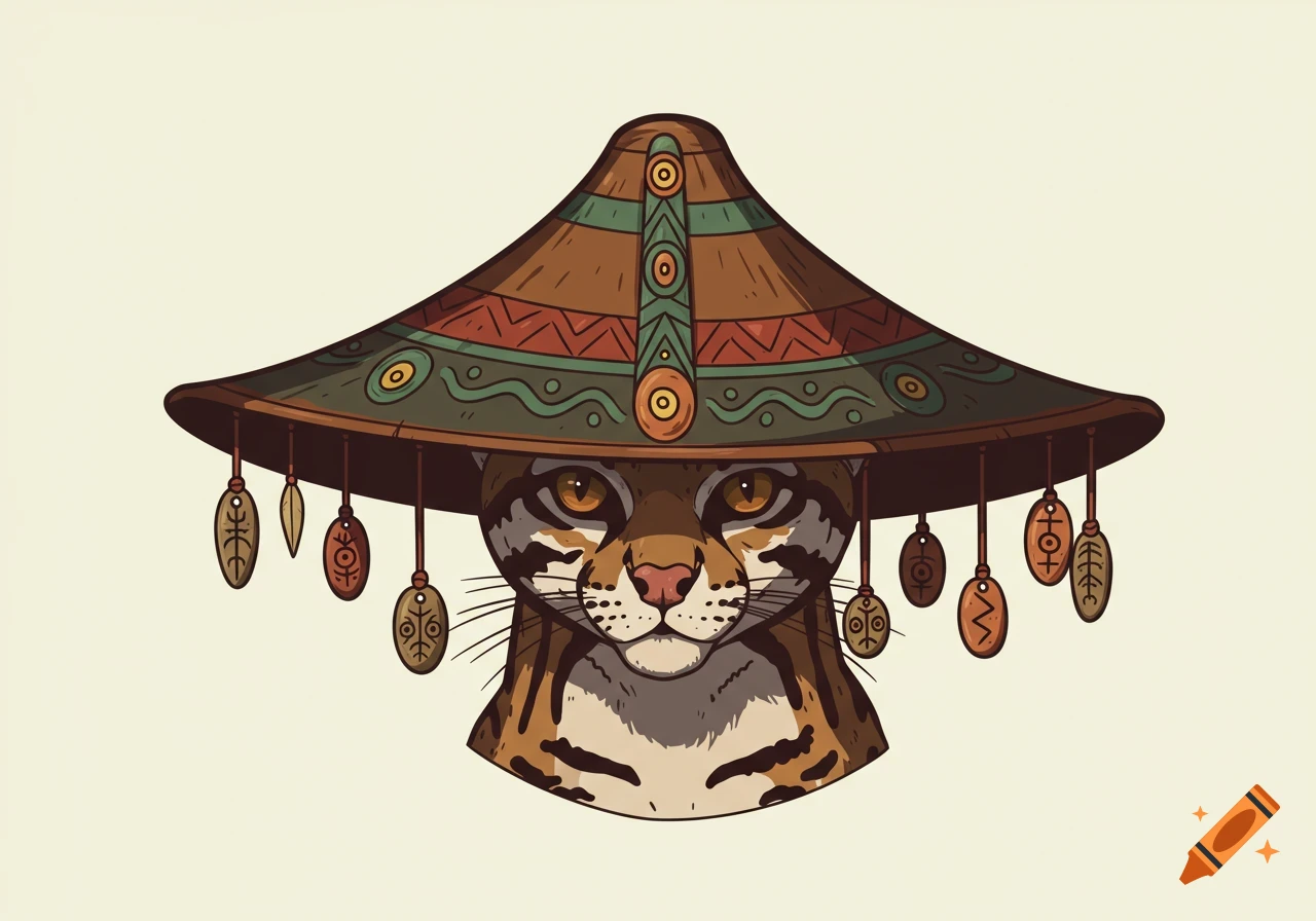 Stylized illustration of an ocelot wearing a cone-shaped hat with decorative hanging talismans.
