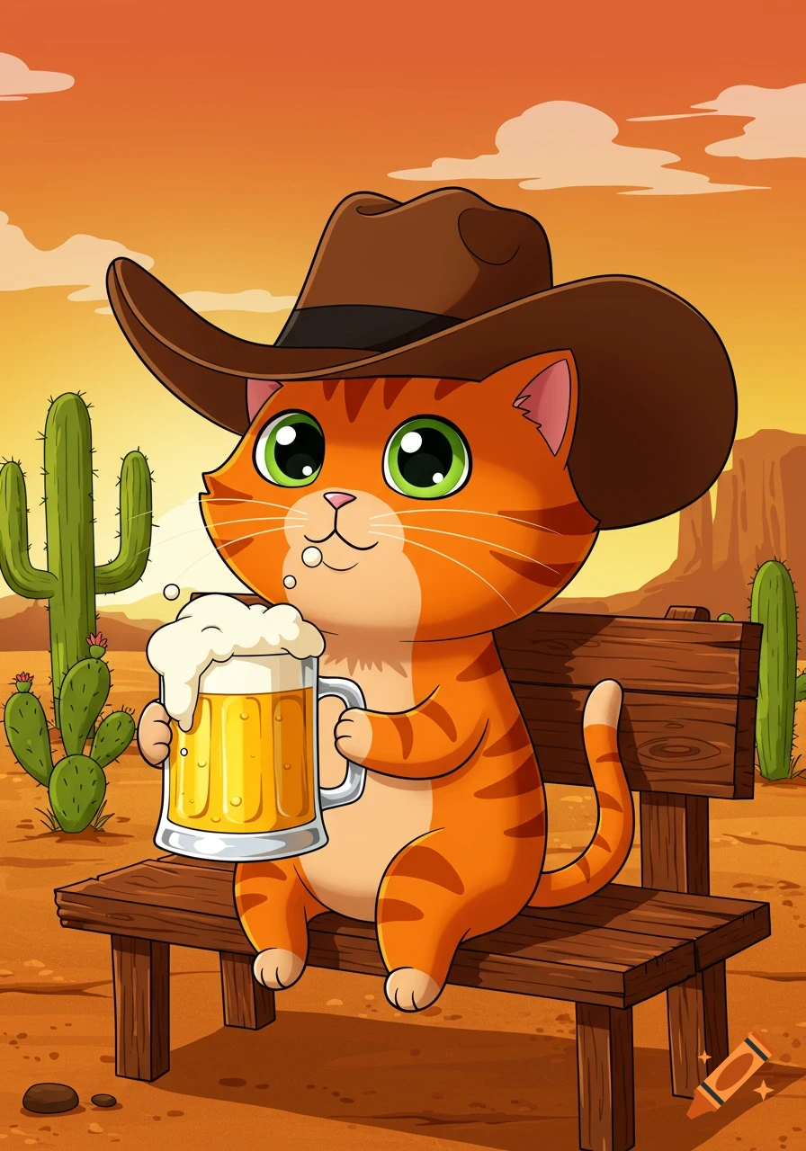 A cartoon orange cat in a cowboy hat sits on a bench, drinking a foamy mug of beer in a desert with cacti.
